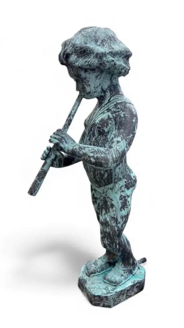 Vintage-Style Bronze Boy Playing Flute Fountain With Verdigris Patina - 3