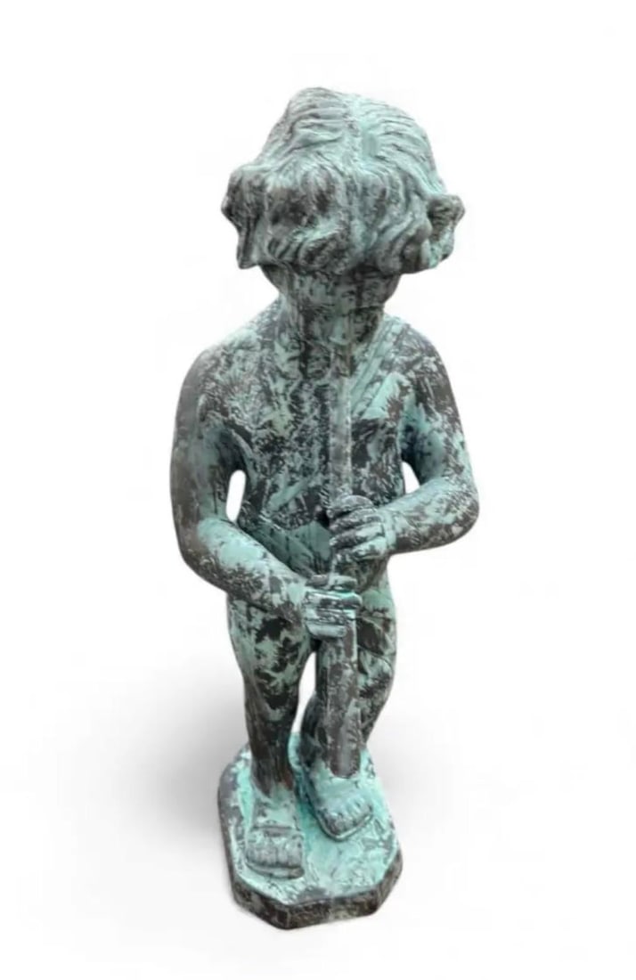 Vintage-Style Bronze Boy Playing Flute Fountain With Verdigris Patina - 4