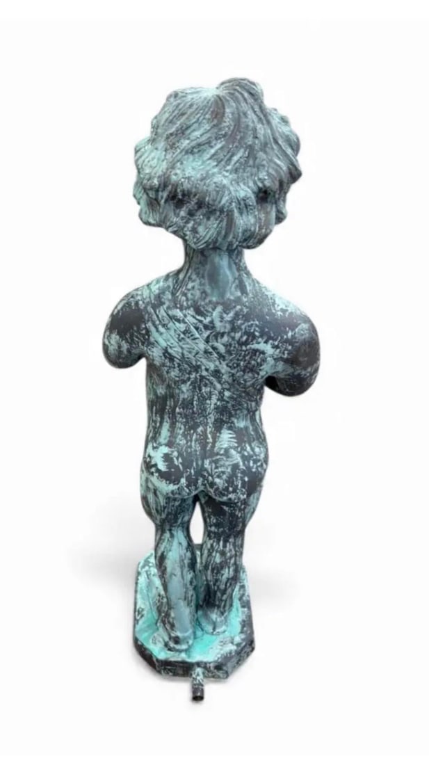 Vintage-Style Bronze Boy Playing Flute Fountain With Verdigris Patina - 5