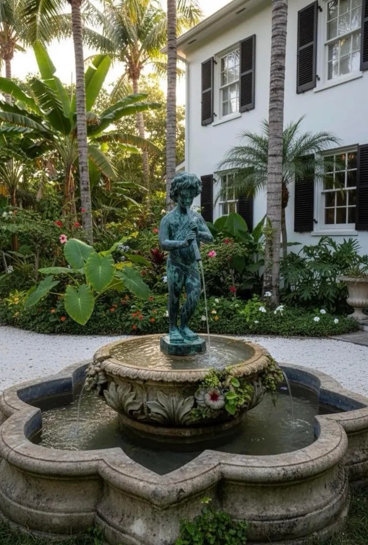 Vintage-Style Bronze Boy Playing Flute Fountain With Verdigris Patina - 6