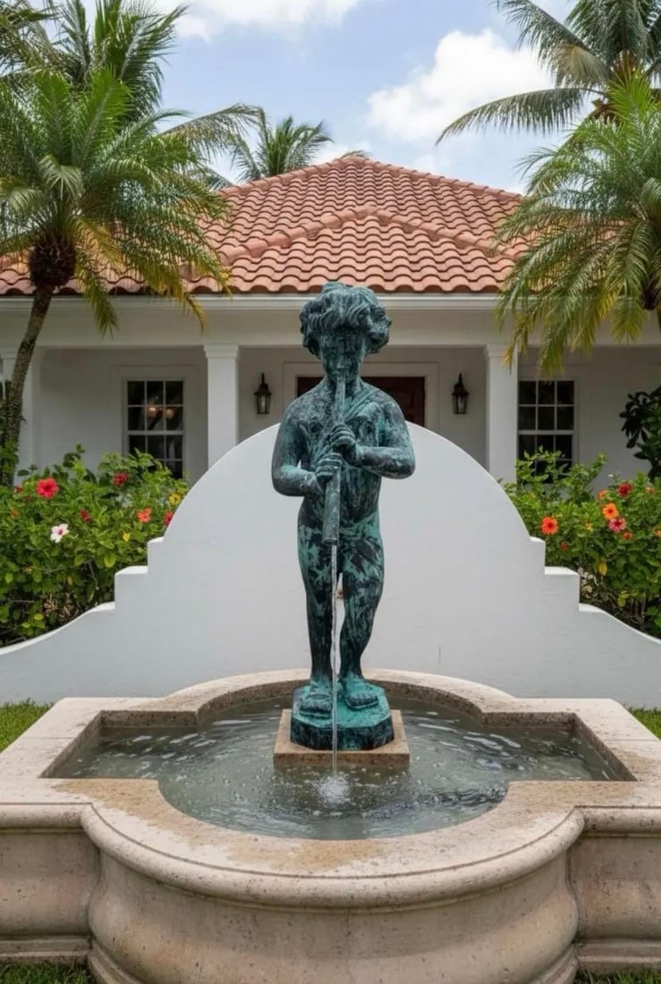 Vintage-Style Bronze Boy Playing Flute Fountain With Verdigris Patina - 7