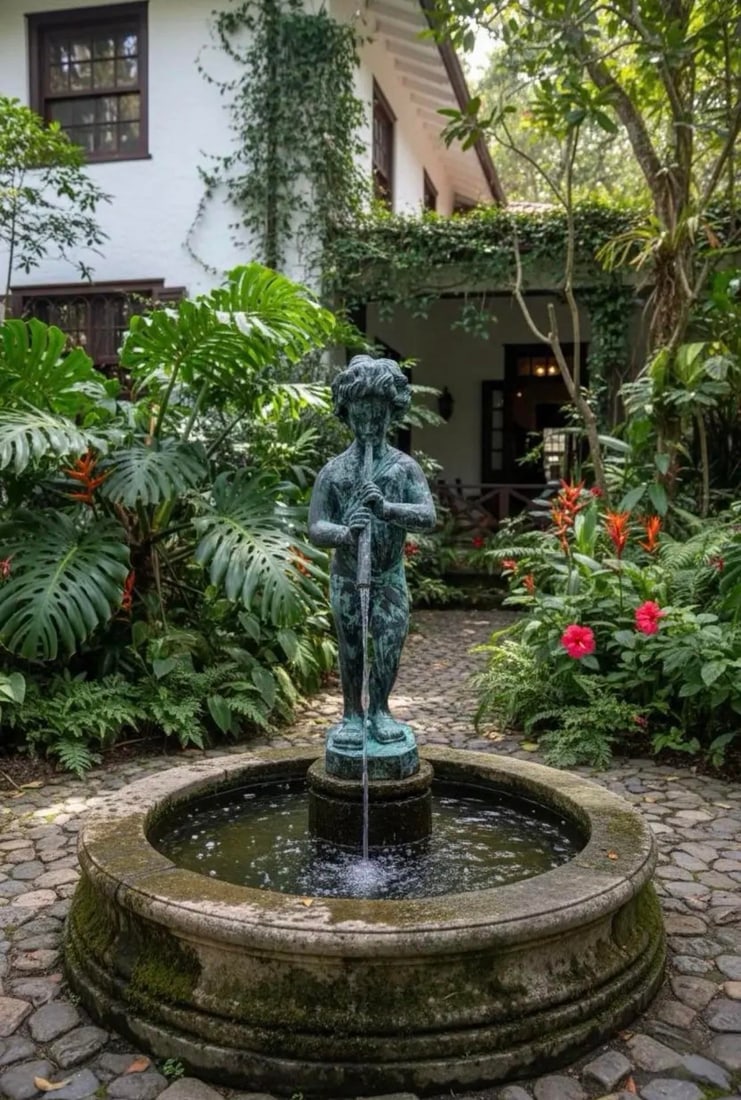 Vintage-Style Bronze Boy Playing Flute Fountain With Verdigris Patina - 8