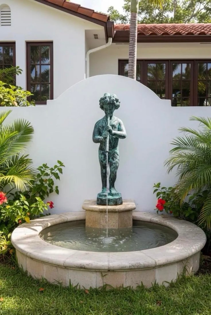 Vintage-Style Bronze Boy Playing Flute Fountain With Verdigris Patina - 9