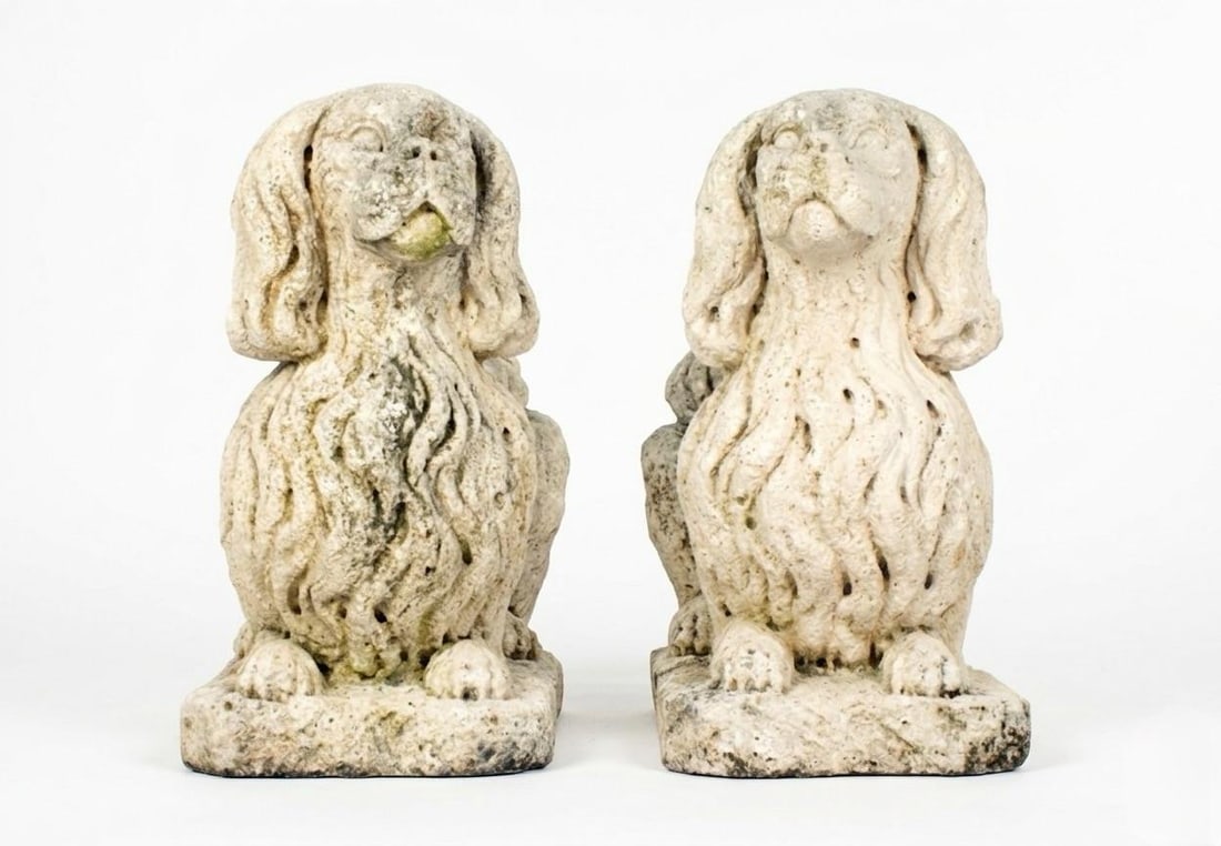 Pair of English Poured Stone King Charles Spaniels (C. 1930s) - 2