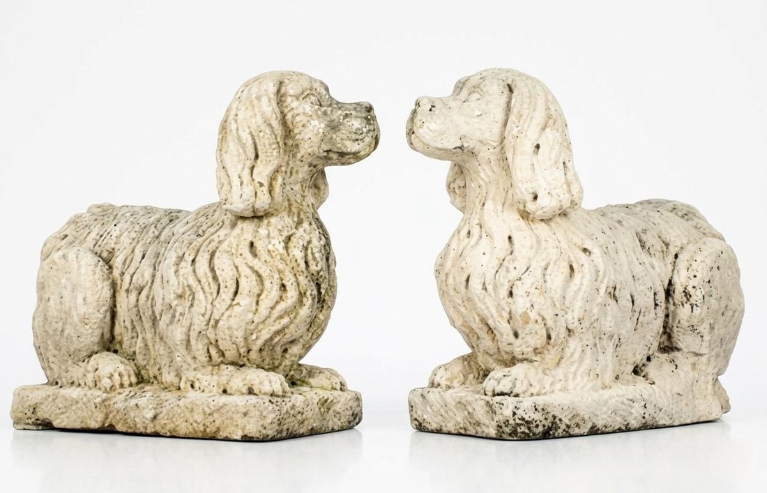Pair of English Poured Stone King Charles Spaniels (C. 1930s) - 3