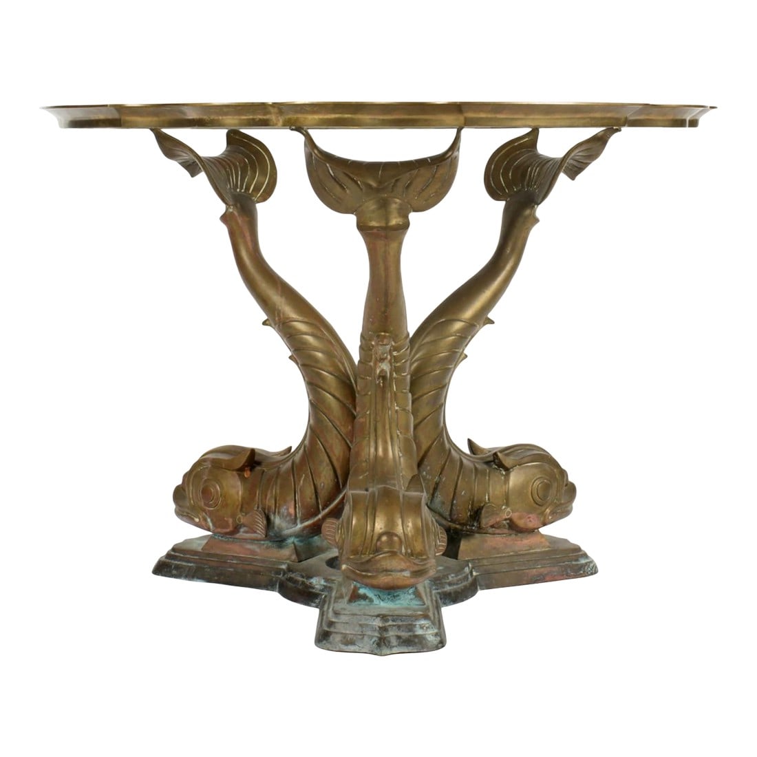 1980s Hollywood Regency Triple Dolphin Bronze Center Table With Scalloped Glass: Elevate your interior or grand entryway with this magnificent Bronze Serpent (Dolphin) Center Table. A masterful example of Hollywood Regency glamour with a Neoclassical twist, this substantial piece