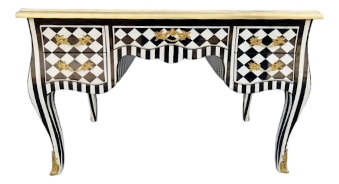 1960s Harlequin Black and White Desk Table: Beautiful Black and White courtly Checkered Desk with gold leaf edge made of real solid wood and bronze ormolu Width 50.36 inches Depth 25 inches Height 30 inches Condition: Alterations: Original Cond