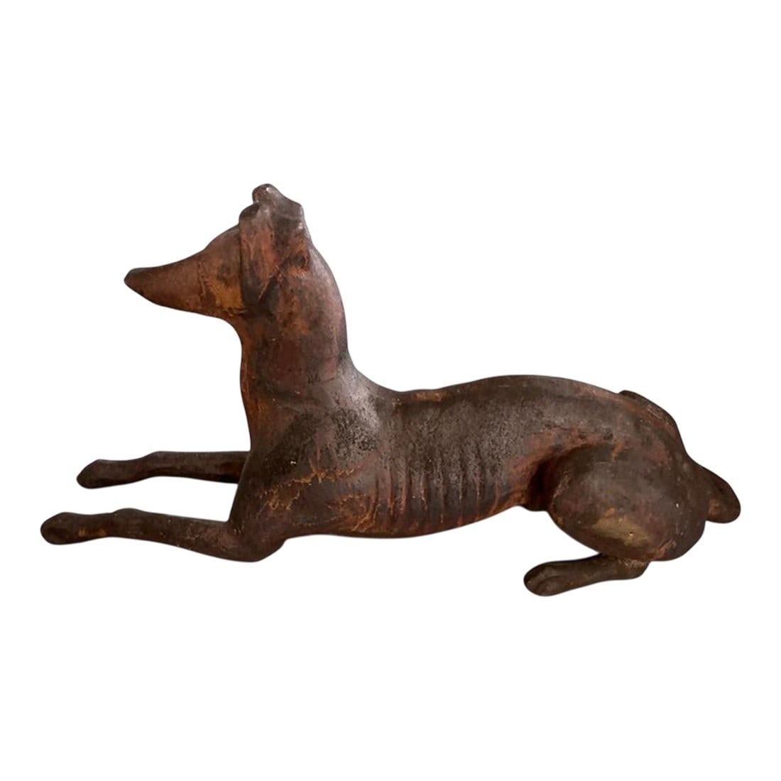 1990s Antique-Style Reclining Greyhound/Whippet Cast Iron Garden Statue: Add a sense of classic elegance and quiet companionship to your home or garden with this impressive cast iron sculpture of a reclining hound. Rendered in a relaxed, "sphinx-like" pose, this piece