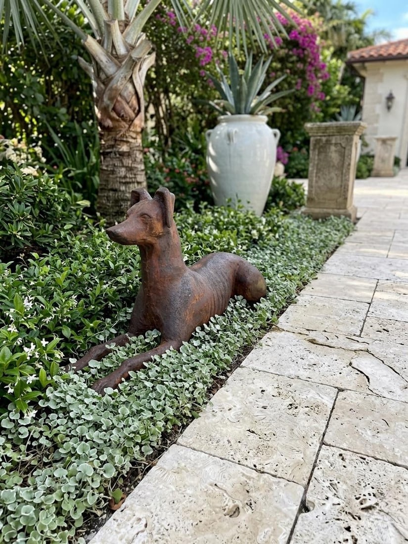 1990s Antique-Style Reclining Greyhound/Whippet Cast Iron Garden Statue - 7
