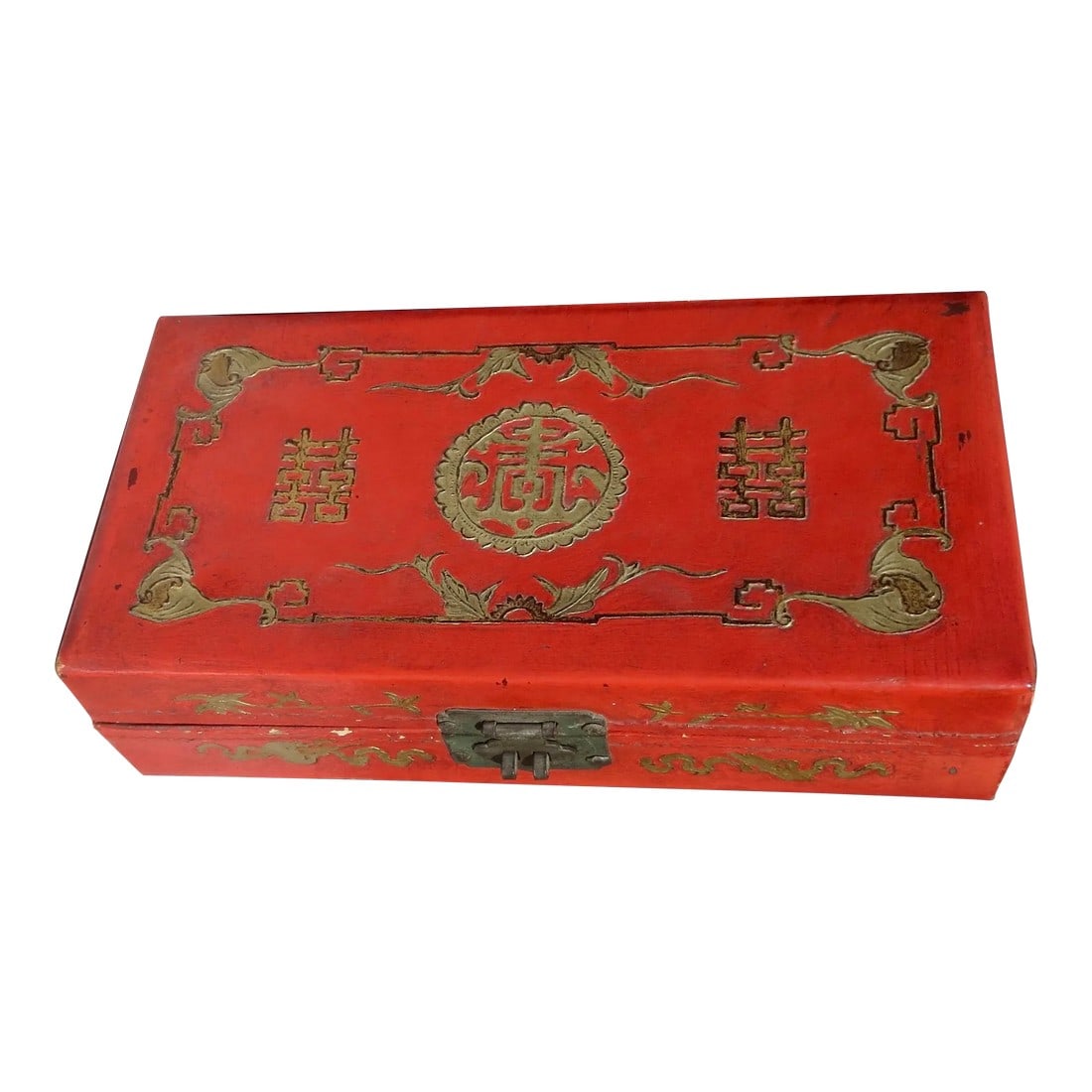 Antique Chinese Leather Letter Box: Chinese Leather storage box with auspicious symbols of longevity and happiness. A double image with bats in the borders and a leather interior. Brass hinges and latches close the box. The
