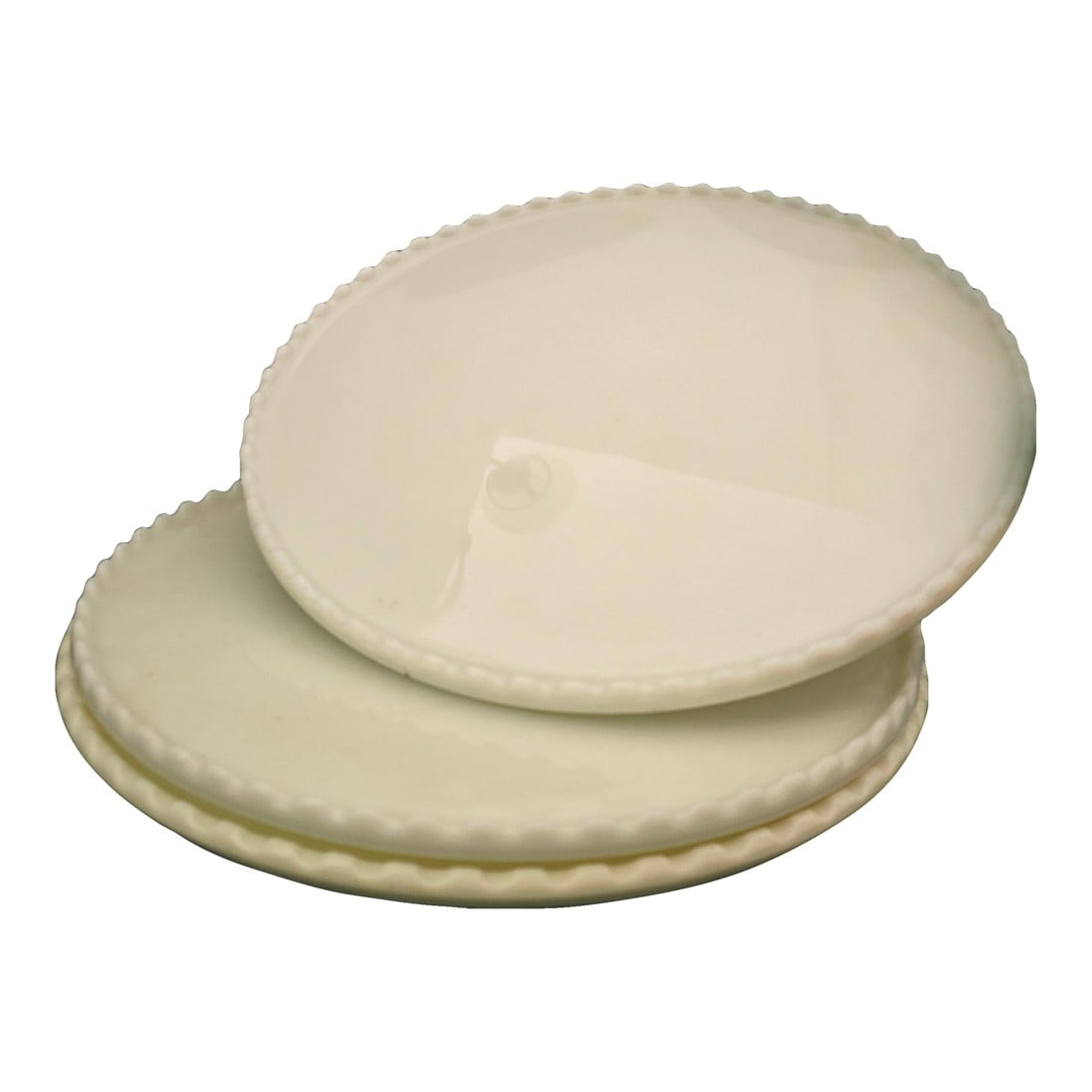 Set of 3 Antique 1930's Ritter Ivrene Cremax Glass Dentist Trays W/ Scalloped Edge: This set of three Antique 1930's Ritter Ivrene Cremax Glass Dentist Trays W/ Scalloped Edge feature large round platters made of milky white glass for a polished and clean look. These trays add a touc