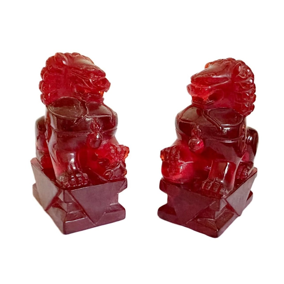 Pair of Vintage Chinese Cherry Amber Foo Dogs Temple Fu Lions Figurines - 2