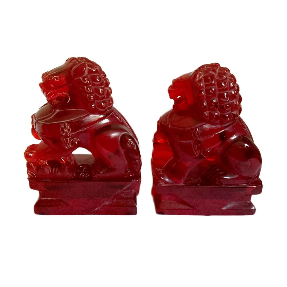 Pair of Vintage Chinese Cherry Amber Foo Dogs Temple Fu Lions Figurines - 3
