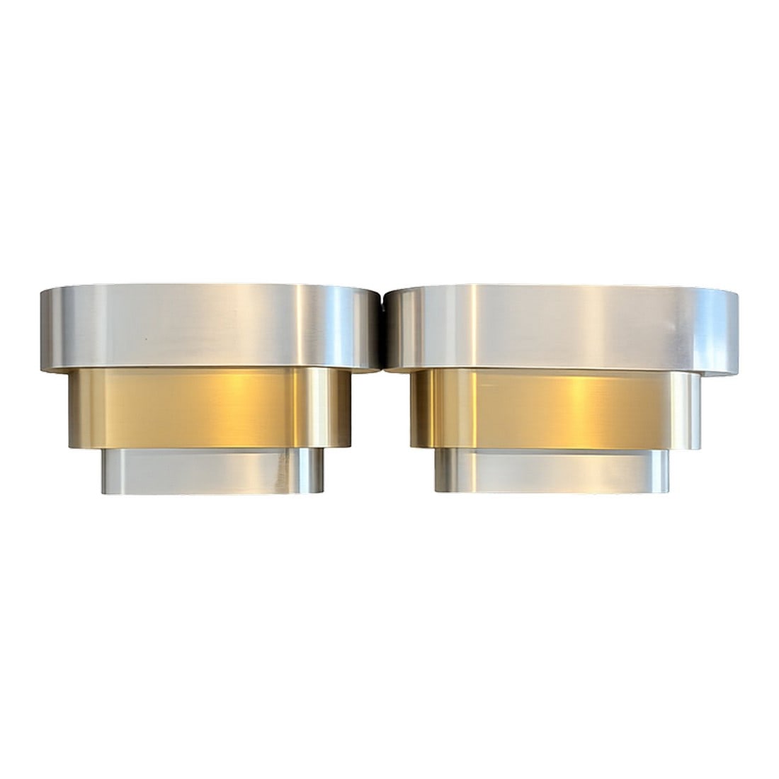 Vintage 1970s Italian Modern Tiered Wall Sconce – Stilnovo Style: A sculptural vintage wall sconce from the 1970s, featuring a striking composition of layered circular forms in contrasting brushed brass and polished chrome. The design reflects the refined material i