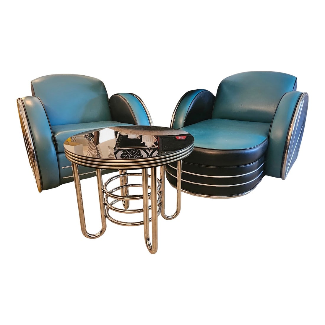 1980s Radio City Art Deco Streamline Moderne Set: Dimensions for the smaller seat: 31" tall, 36" wide, and 35" depth. Seat is 24" wide by 20" depth with 9.5" arms. The chair, chase lounge chair and round chrome small table with black glass top form