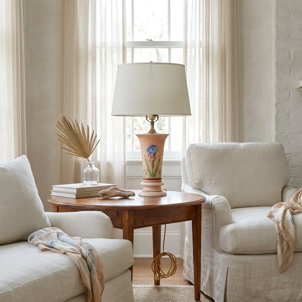 1940s Mid-Century Modern Hand-Painted Iris Satin Glass Table Lamp in Blush Pink With Brass Hardware - 2