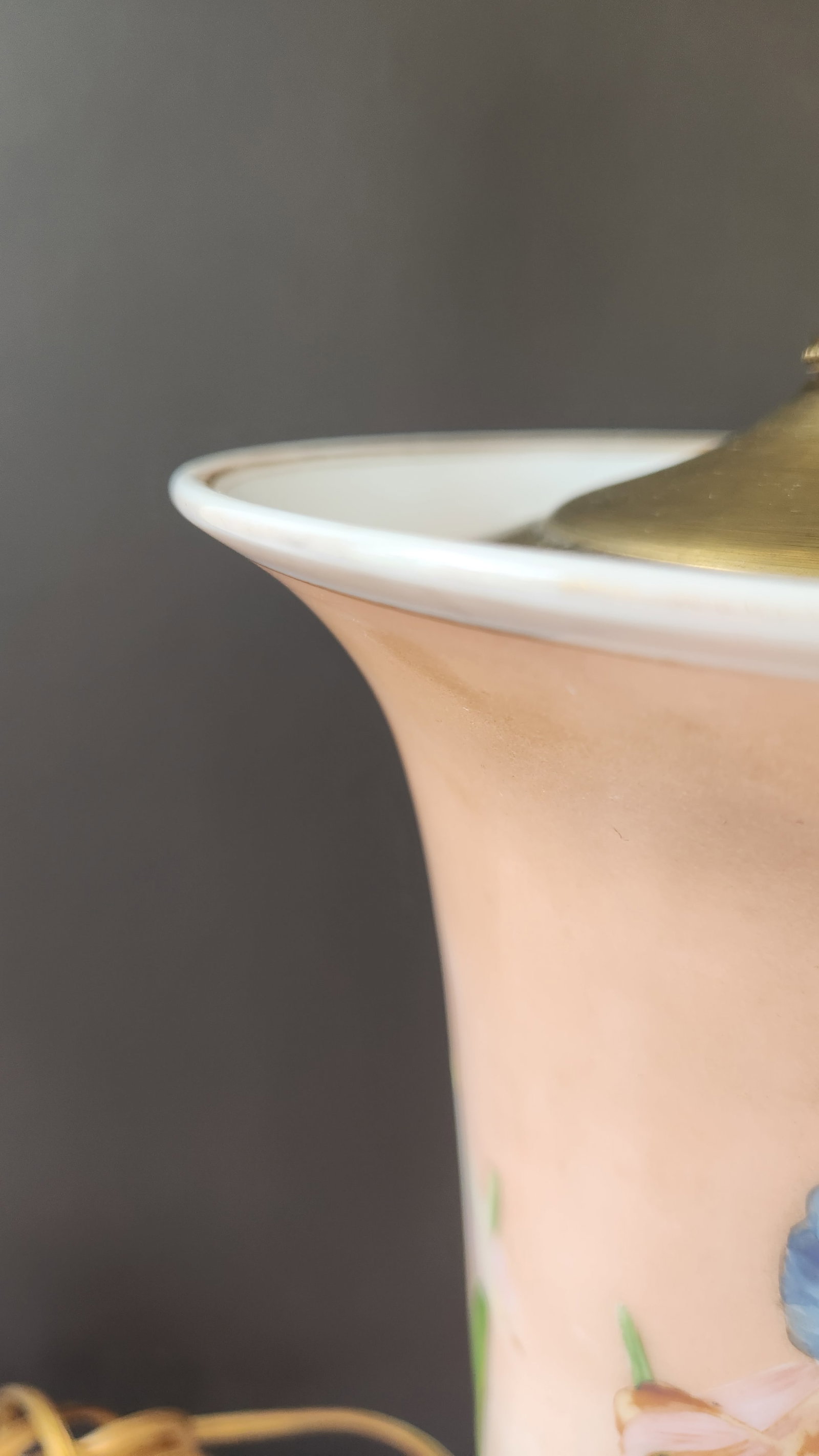 1940s Mid-Century Modern Hand-Painted Iris Satin Glass Table Lamp in Blush Pink With Brass Hardware - 3