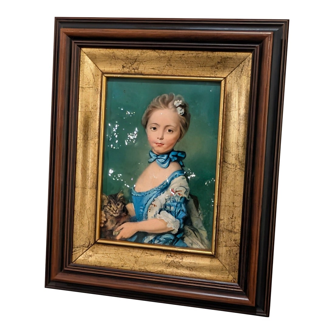 Vintage Framed Hand-Painted Metal Portrait Plaque, After Perronneau, Girl With Kitten: Vintage framed hand-painted reproduction portrait on metal plaque, after Jean-Baptiste Perronneau's "A Girl with a Kitten" ("Jeune Fille au Chat"), presented in a handsome gilt custom frame. Larger