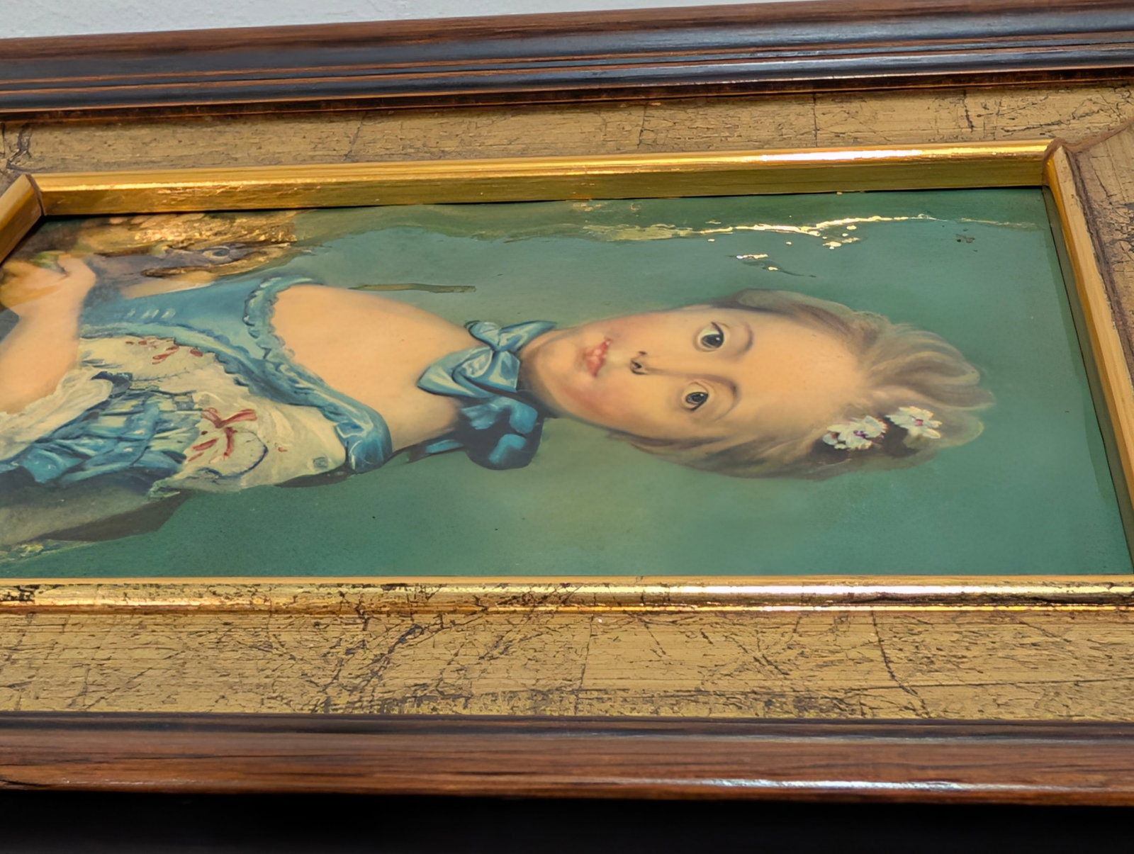 Vintage Framed Hand-Painted Metal Portrait Plaque, After Perronneau, Girl With Kitten - 3