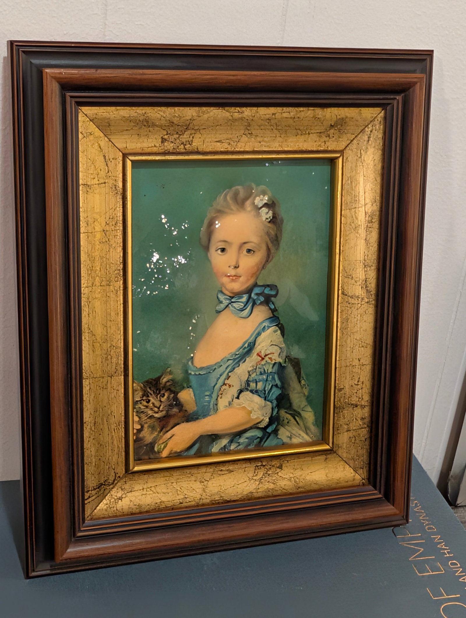 Vintage Framed Hand-Painted Metal Portrait Plaque, After Perronneau, Girl With Kitten - 4