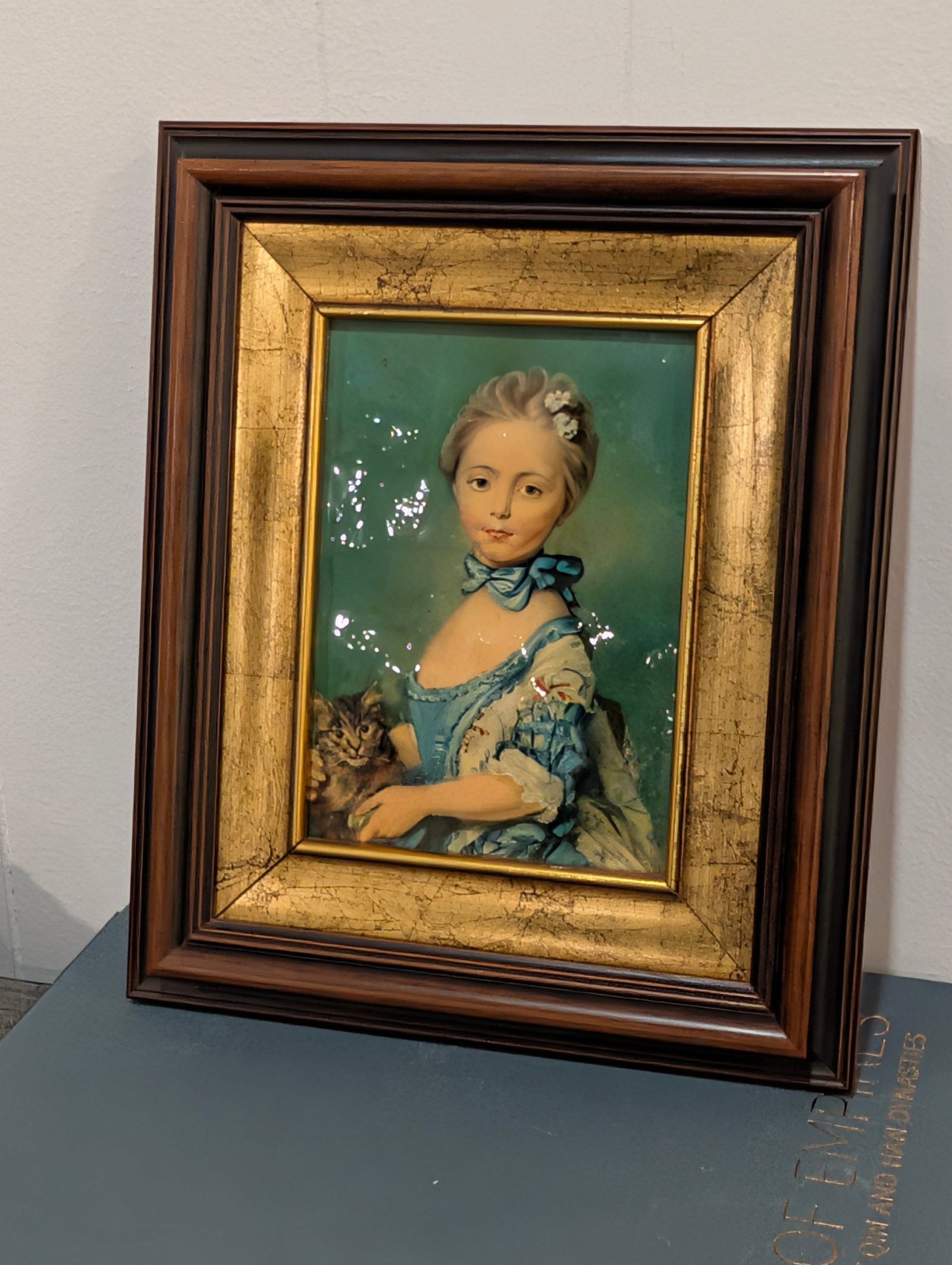 Vintage Framed Hand-Painted Metal Portrait Plaque, After Perronneau, Girl With Kitten - 5