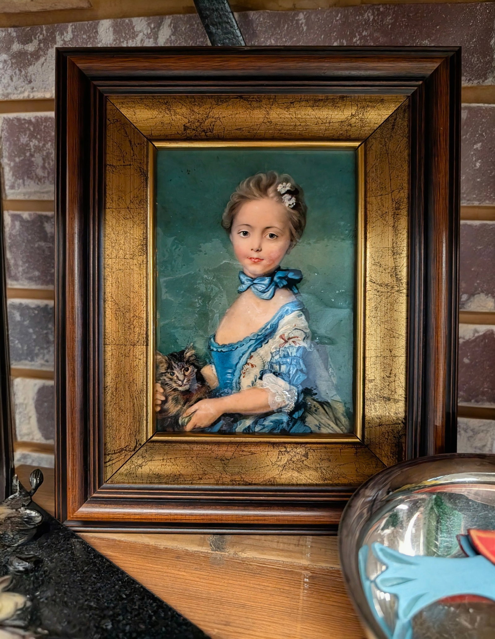 Vintage Framed Hand-Painted Metal Portrait Plaque, After Perronneau, Girl With Kitten - 6