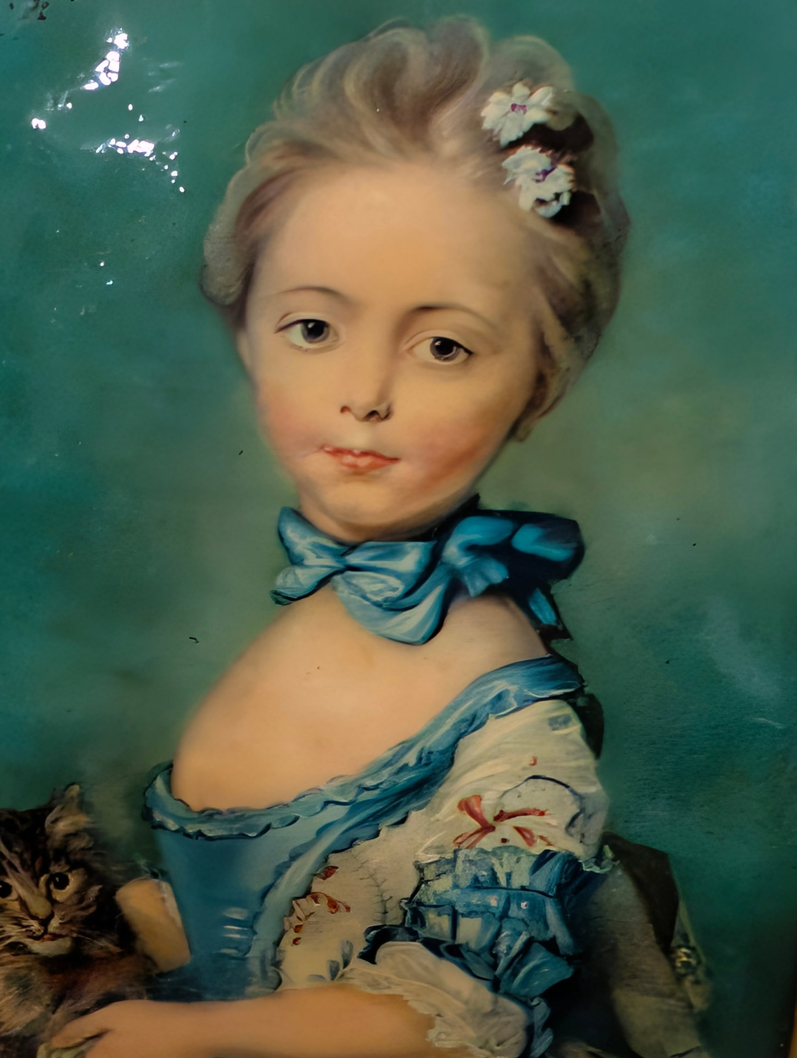 Vintage Framed Hand-Painted Metal Portrait Plaque, After Perronneau, Girl With Kitten - 7