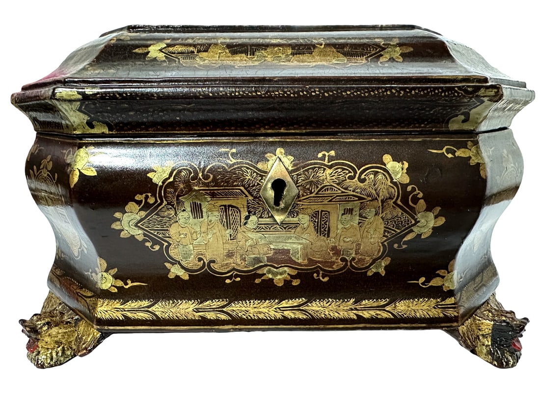 Antique Louis XV Chinese Gilt Lacquerware Tea Caddy Box W/Carved Dragon Feet - 2
