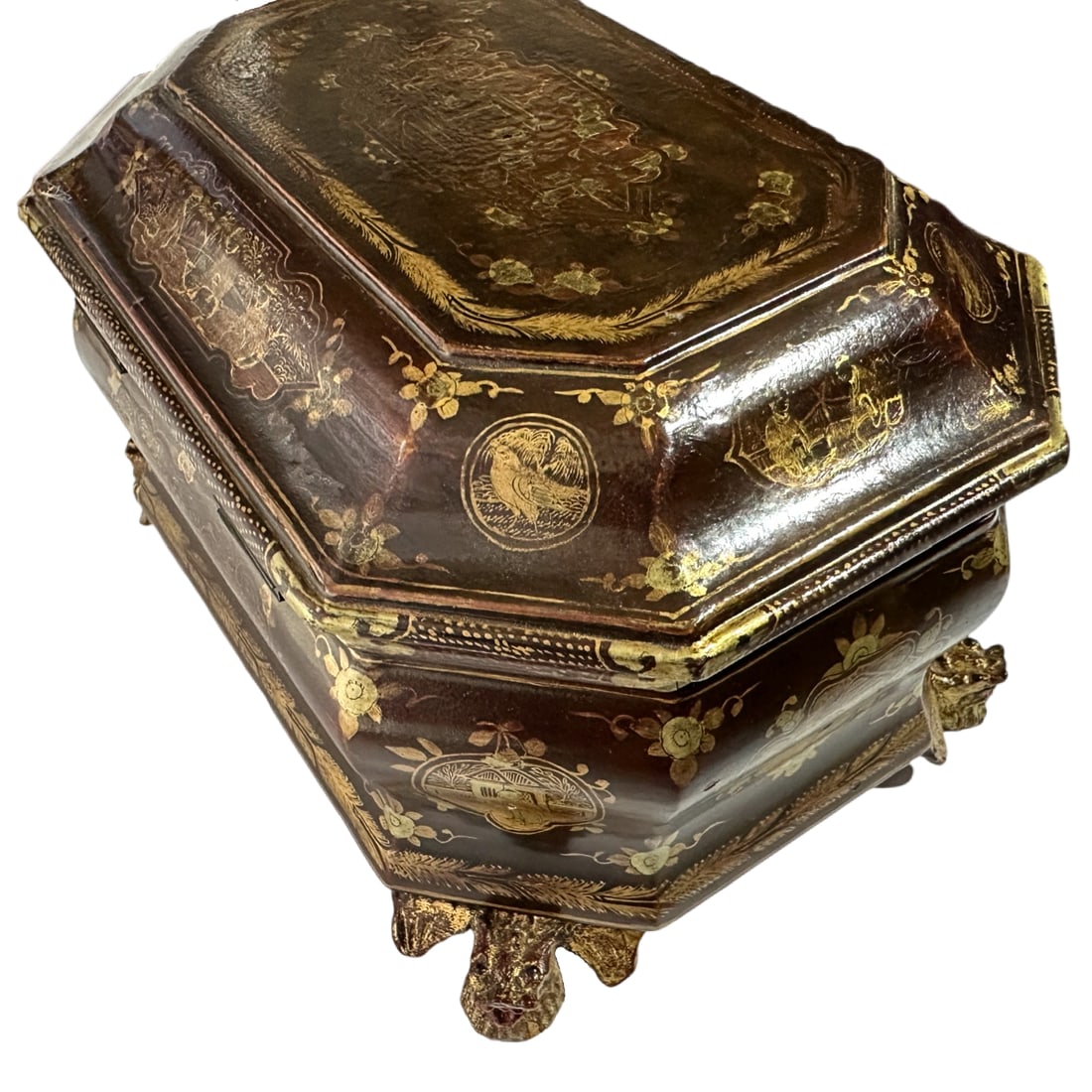 Antique Louis XV Chinese Gilt Lacquerware Tea Caddy Box W/Carved Dragon Feet - 5