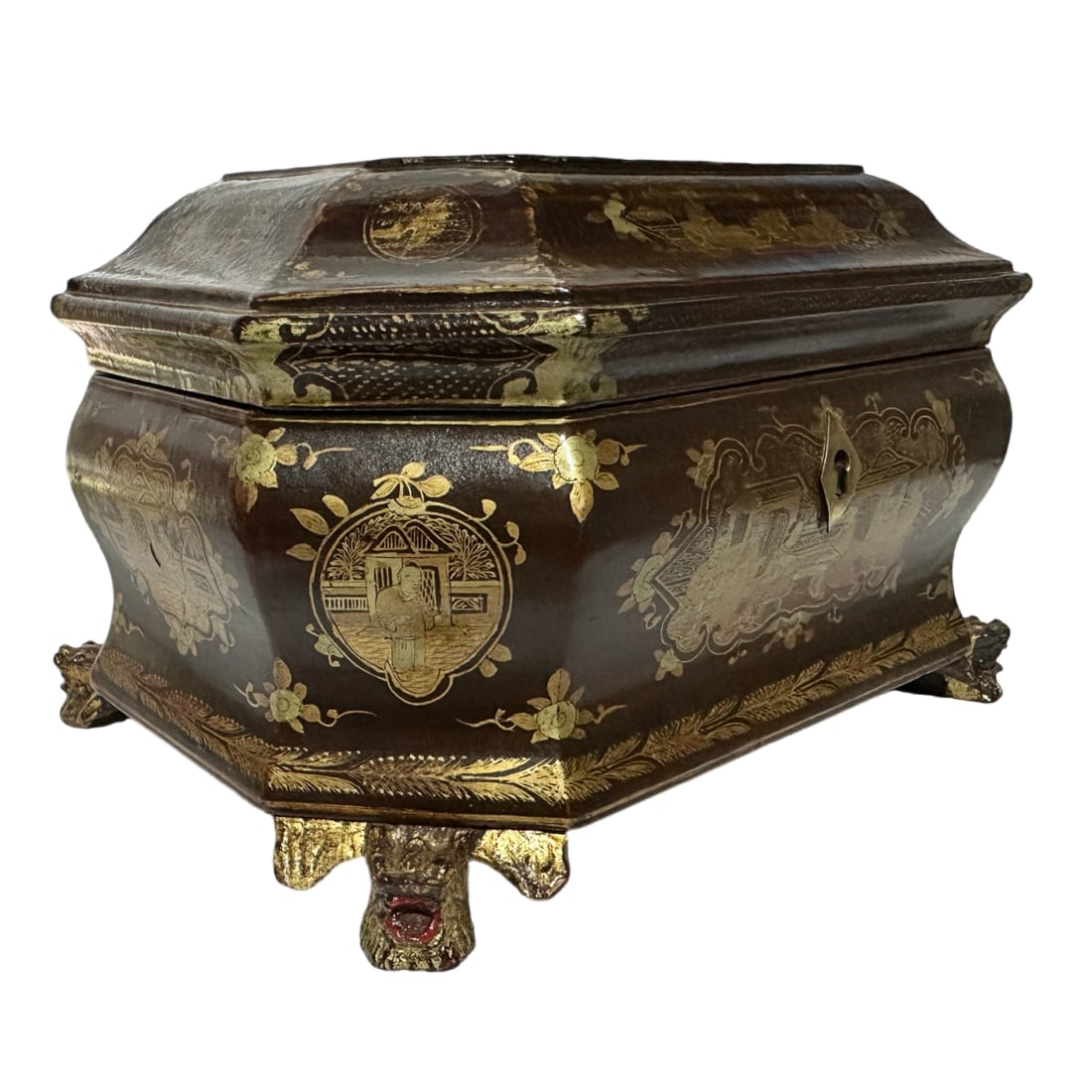 Antique Louis XV Chinese Gilt Lacquerware Tea Caddy Box W/Carved Dragon Feet - 6