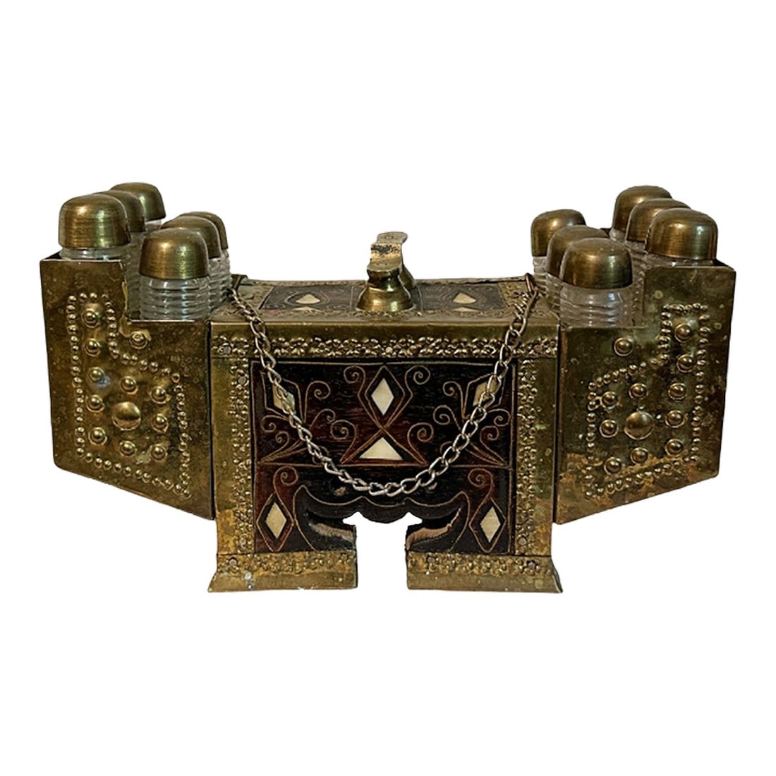 Antique Turkish Mother-of-Pearl Inlay Wood & Brass Shoe Shine Box Stand (1 of 7)
