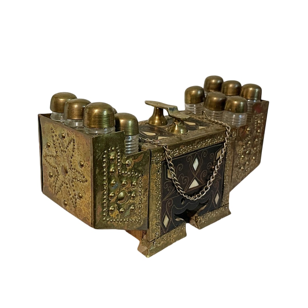 Antique Turkish Mother-of-Pearl Inlay Wood & Brass Shoe Shine Box Stand - 2