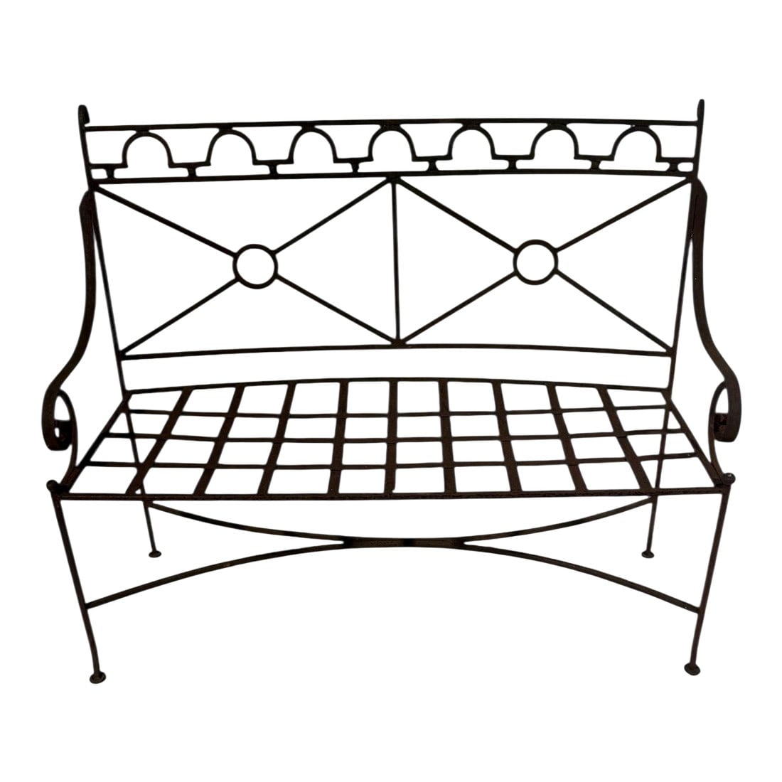 1960s French Country Iron Bench: This vintage French garden bench is crafted from hand-forged iron, features a refined balance of graceful curves and structured geometry. The gently arched back features a repeating decorative crest