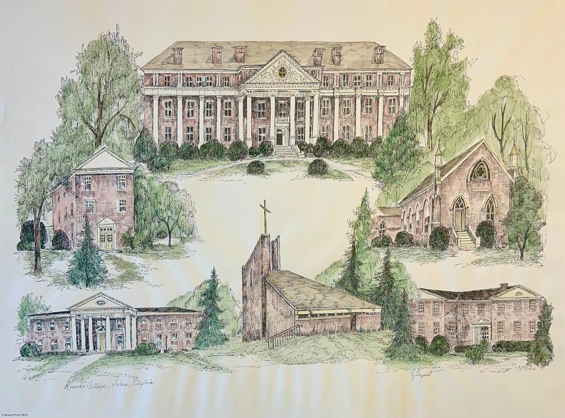 1980s Roanoke College, Salem Virginia Campus Print by Liz Bryant – Hand-Colored Architectural: A charming late 20th-century hand-colored architectural print by artist Liz Bryant, depicting a collection of notable campus buildings at Roanoke College, Virginia. Rendered in a delicate pen-and-ink