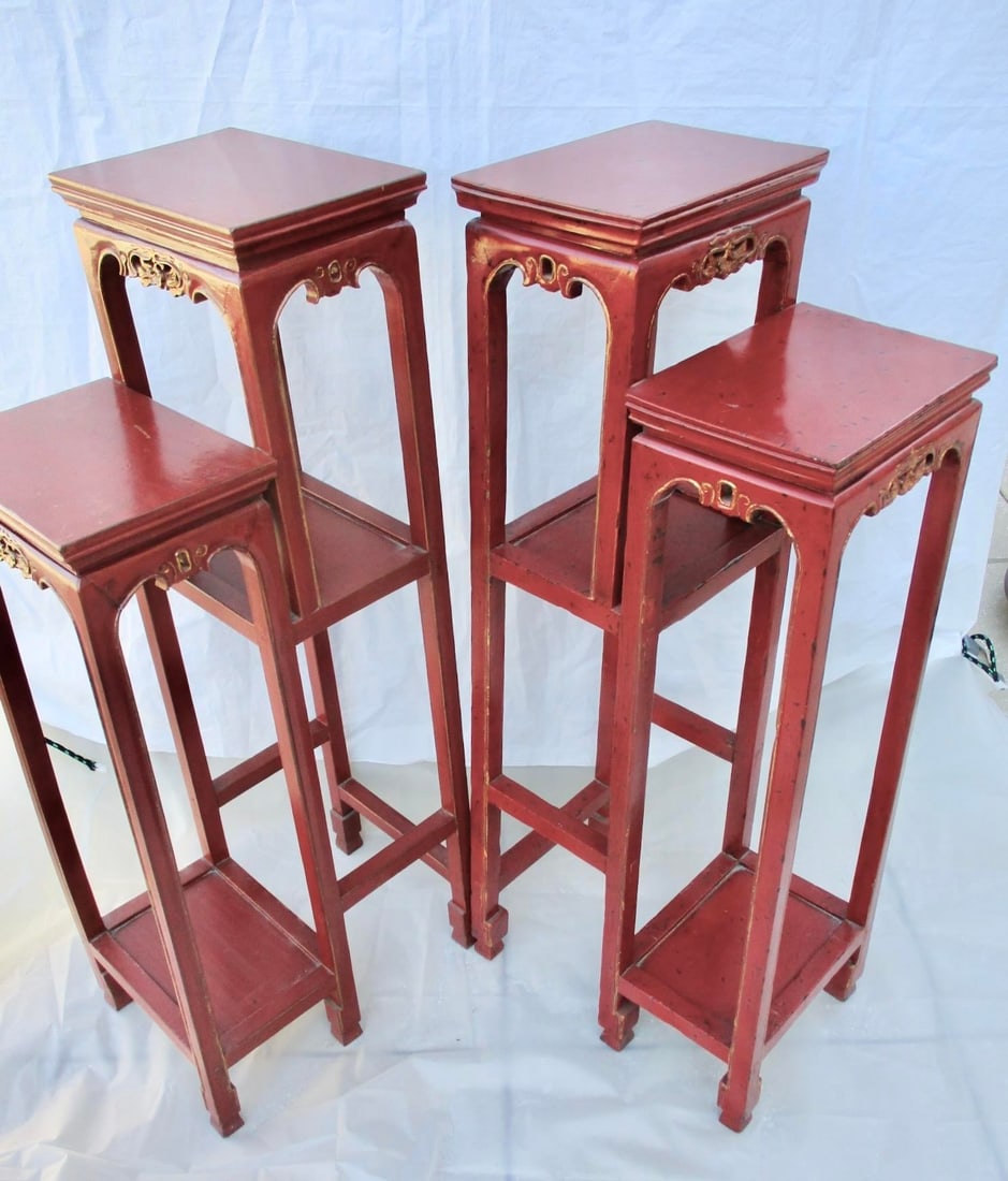 Chinese Red Lacquer Tall Plant Tables - A Pair of 2 - 10