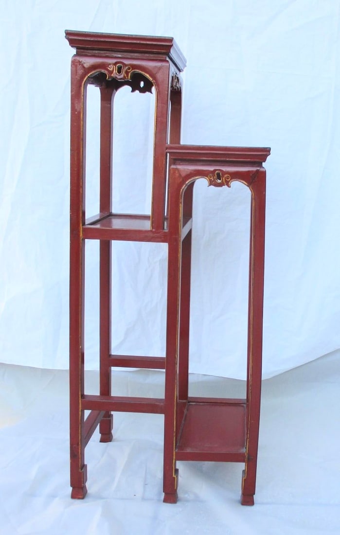 Chinese Red Lacquer Tall Plant Tables - A Pair of 2 - 12