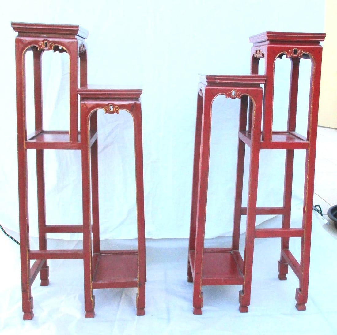 Chinese Red Lacquer Tall Plant Tables - A Pair of 2 - 13
