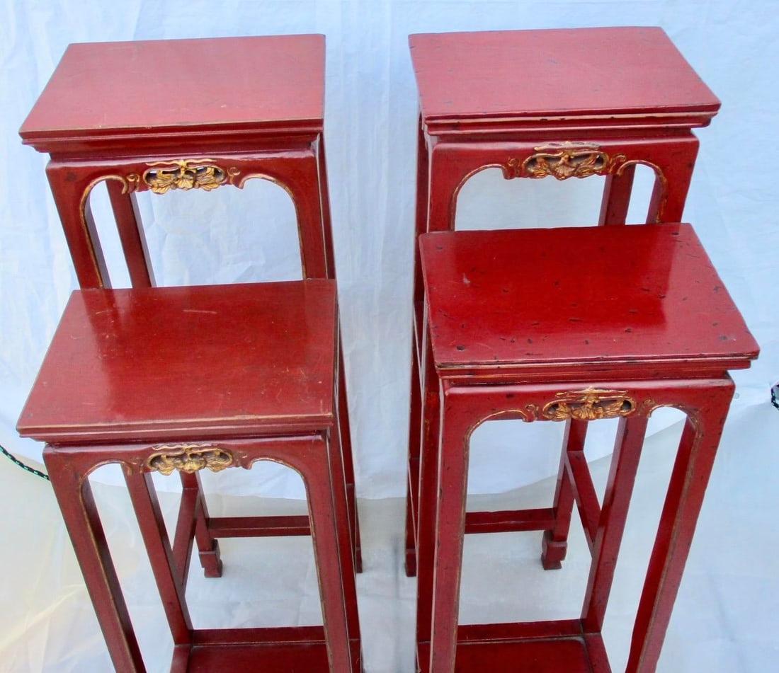 Chinese Red Lacquer Tall Plant Tables - A Pair of 2 - 14