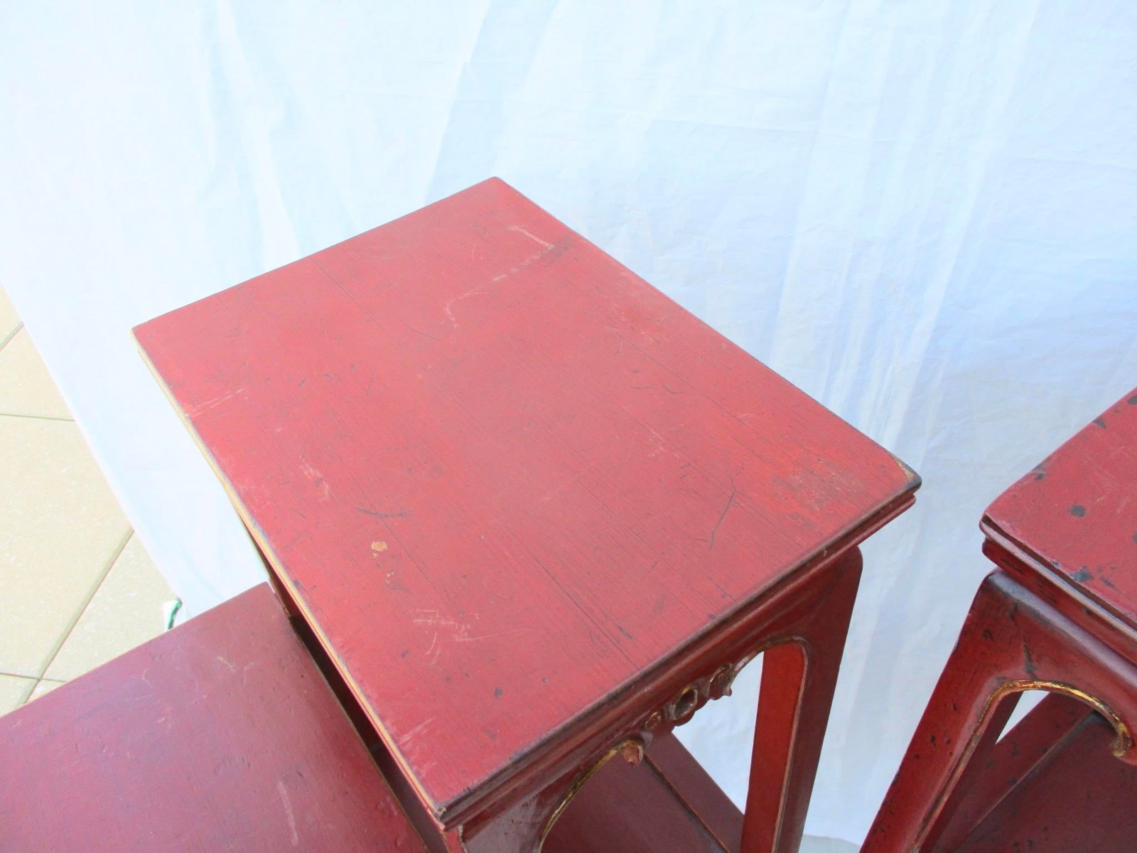 Chinese Red Lacquer Tall Plant Tables - A Pair of 2 - 15