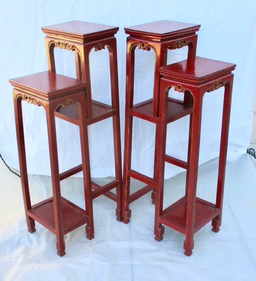 Chinese Red Lacquer Tall Plant Tables - A Pair of 2 - 16
