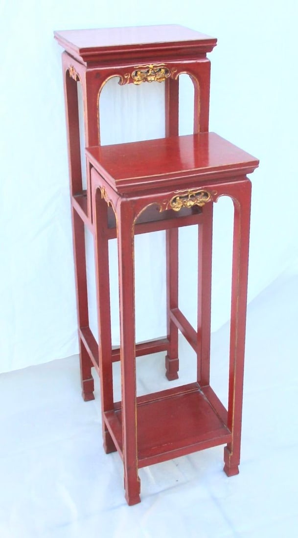 Chinese Red Lacquer Tall Plant Tables - A Pair of 2 - 17