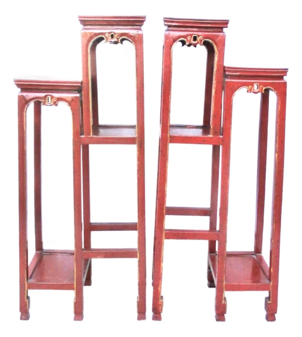 Chinese Red Lacquer Tall Plant Tables - A Pair of 2 (1 of 17)
