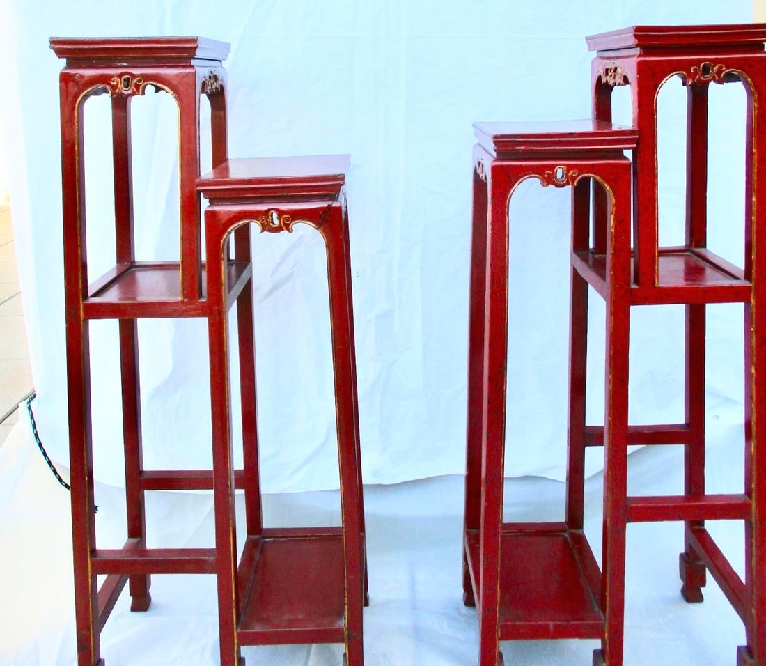 Chinese Red Lacquer Tall Plant Tables - A Pair of 2 - 2