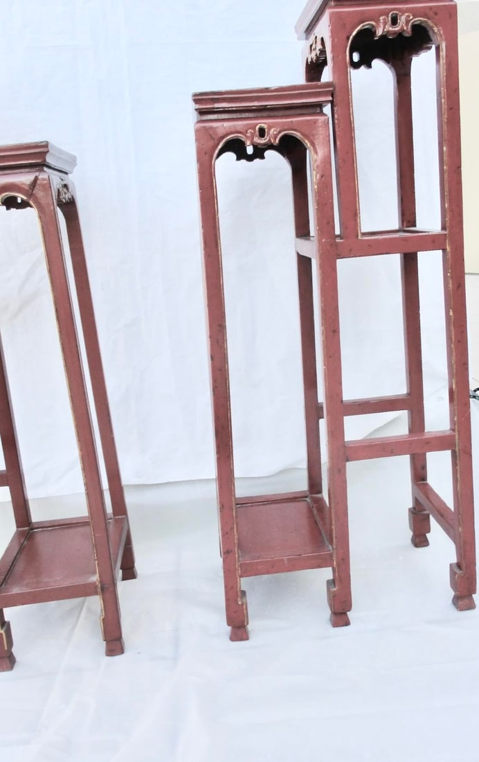 Chinese Red Lacquer Tall Plant Tables - A Pair of 2 - 3