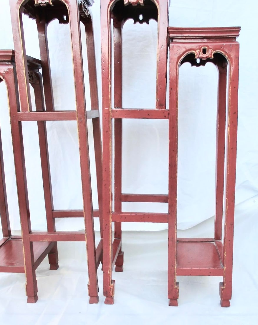 Chinese Red Lacquer Tall Plant Tables - A Pair of 2 - 4