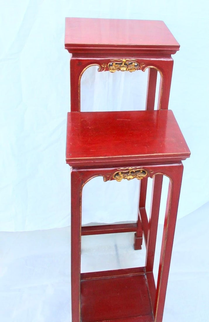 Chinese Red Lacquer Tall Plant Tables - A Pair of 2 - 5