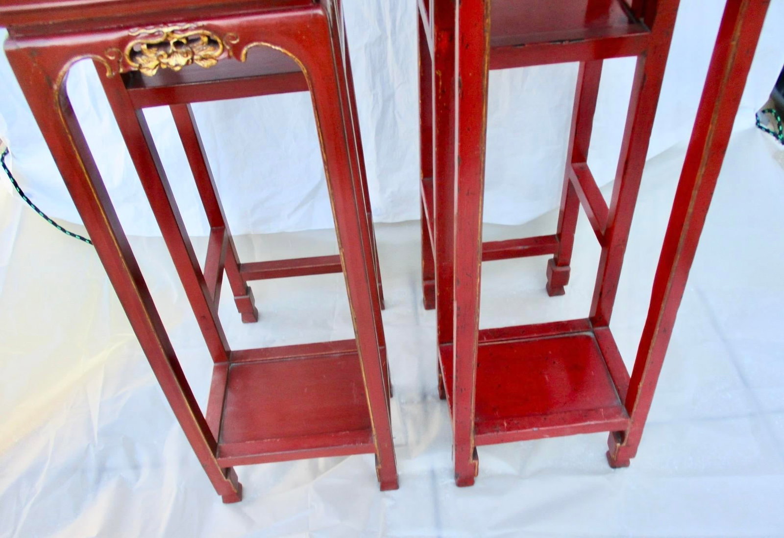 Chinese Red Lacquer Tall Plant Tables - A Pair of 2 - 6