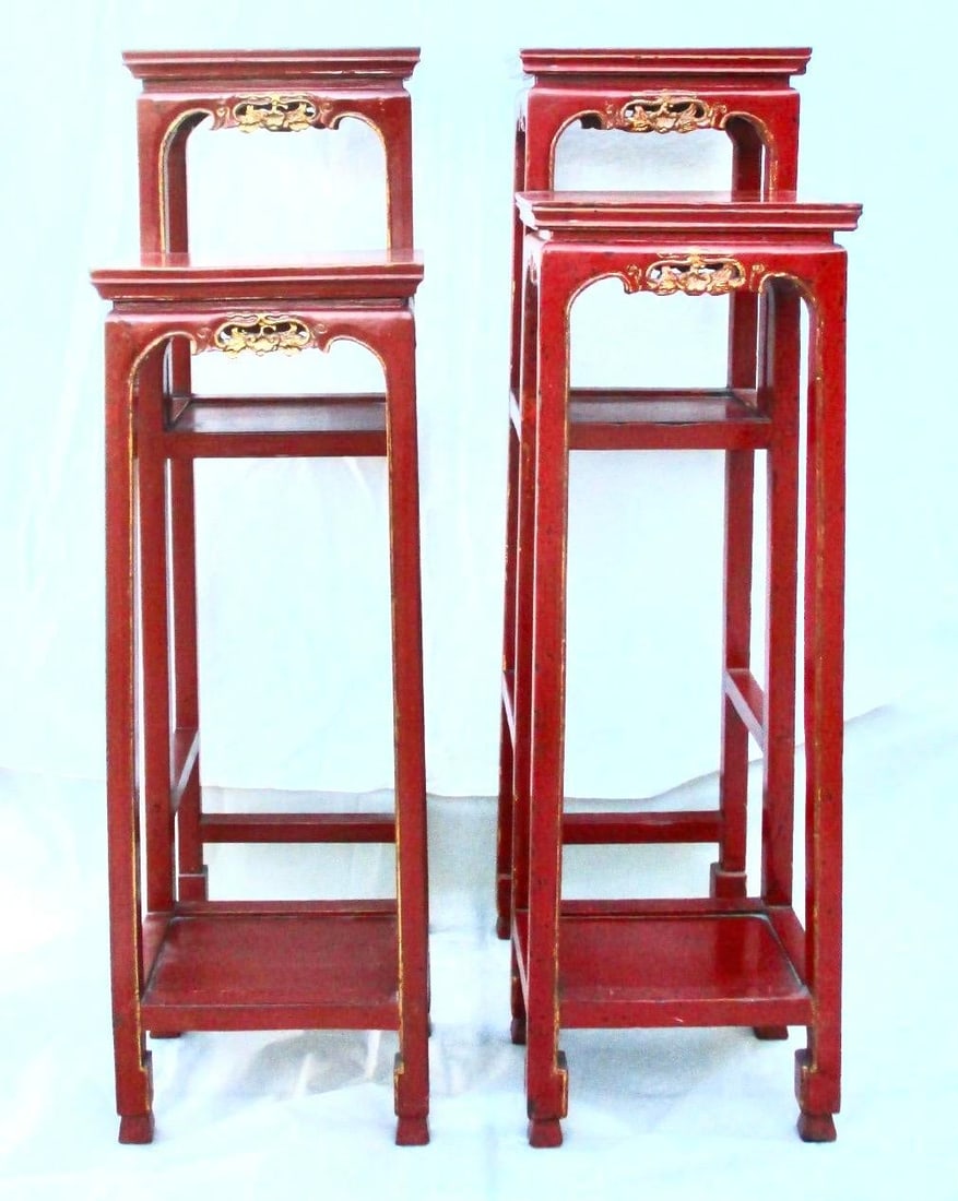 Chinese Red Lacquer Tall Plant Tables - A Pair of 2 - 7