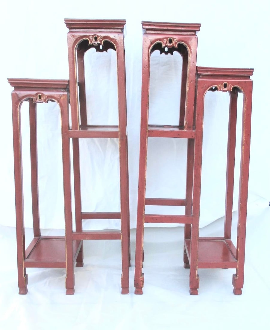 Chinese Red Lacquer Tall Plant Tables - A Pair of 2 - 9