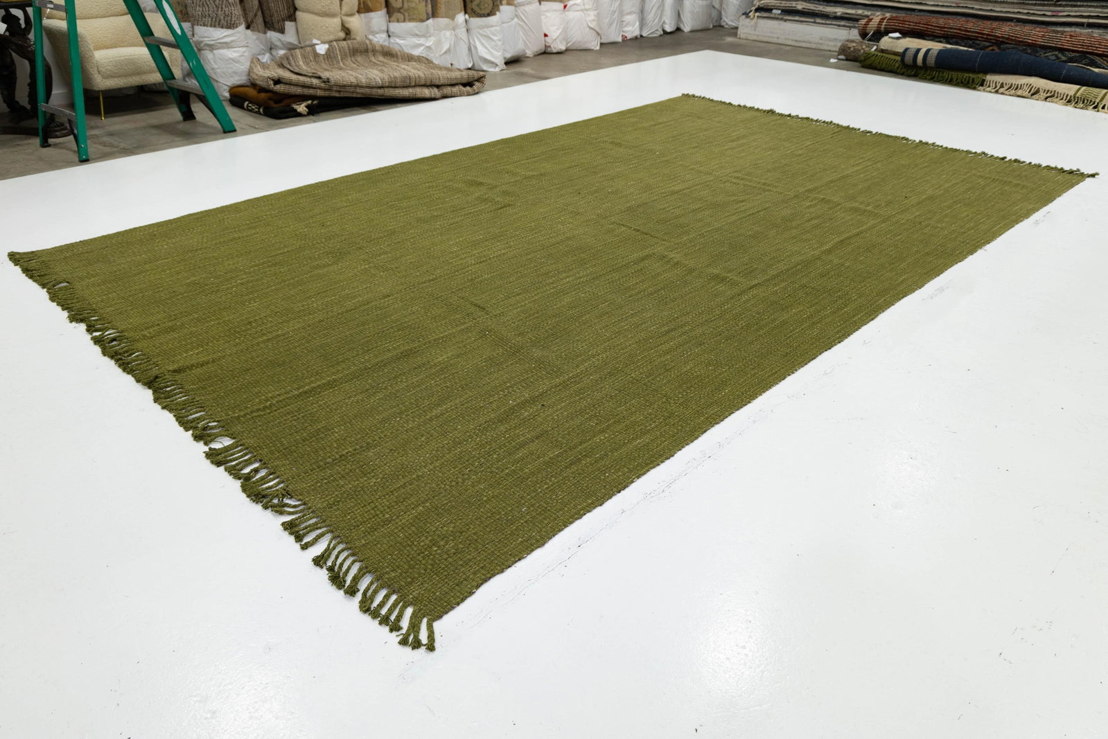 Modern Solid Olive Green Kilim Area Rug – Handmade Flatweave Wool 10x16 - 11